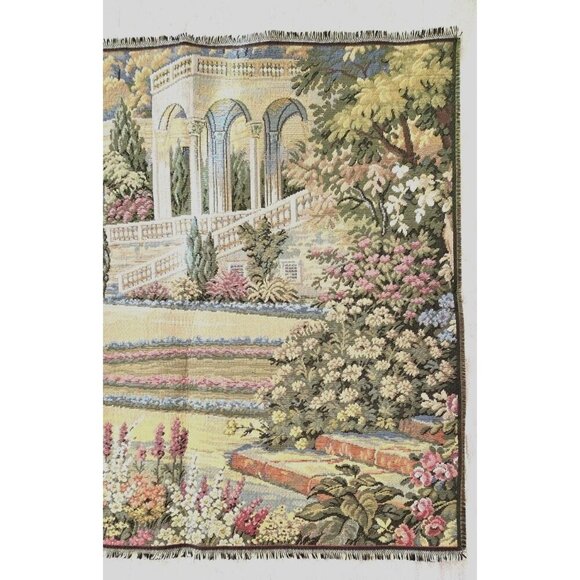 Italian Woven Tapestry Wall Hanging With Floral Garden Lake Como Scene 19" x 19" - Picture 3 of 7